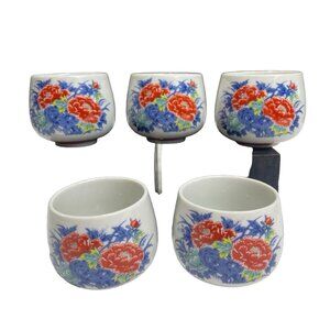 Vintage Sake Cup Tea Floral Flowers Stoneware Made in Japan Lot of 5